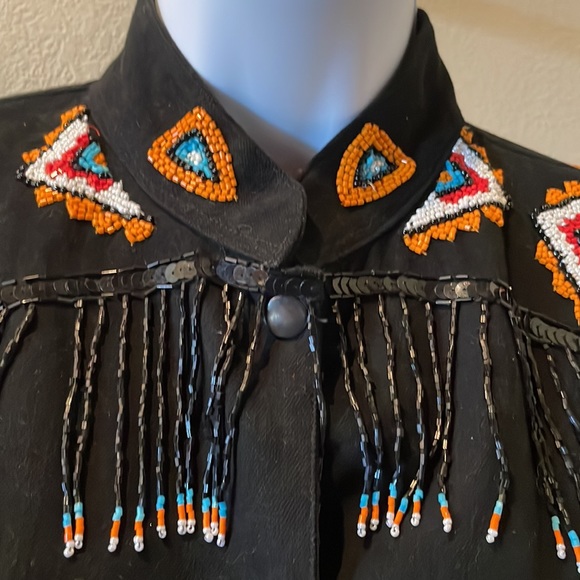Vintage Southwest Native inspired western beaded fringe jacket black turquoise - Picture 2 of 13